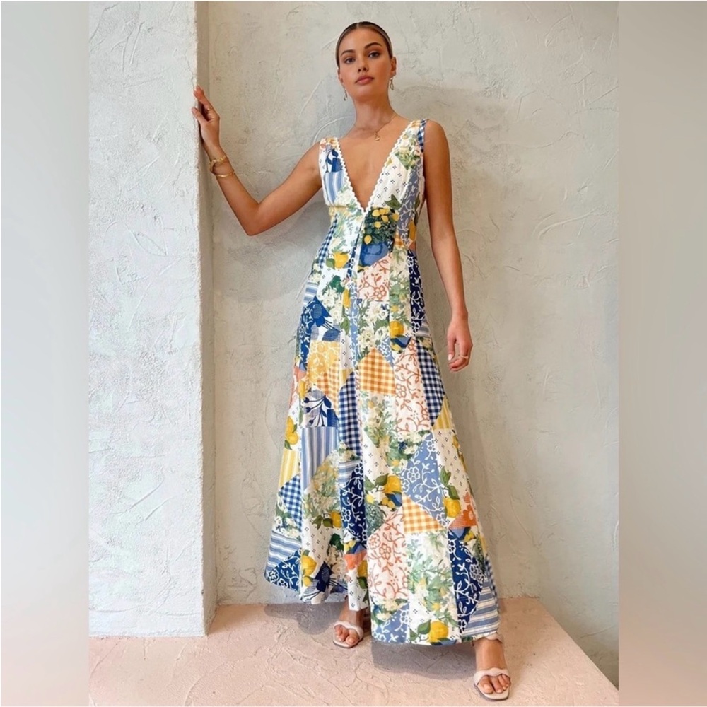 Commense Patchwork Floral V-Neck Maxi Dress - Blue, Yellow, White